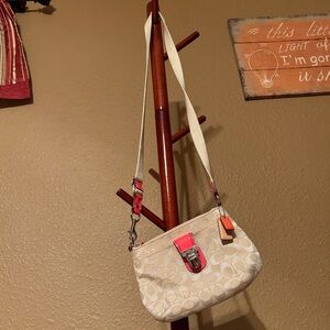 Coach Crossbody Beige Canvas Coral Leather purse